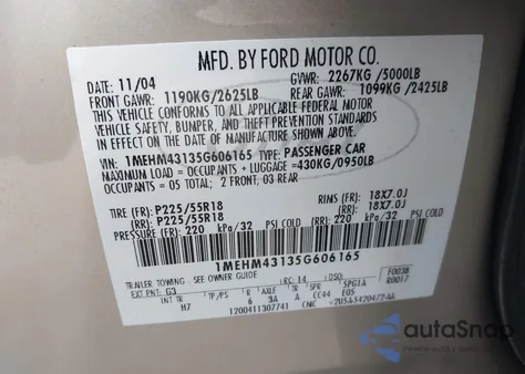 2005 Mercury Montego Premier из США, поврежденный, VIN 1MEHM43135G606165